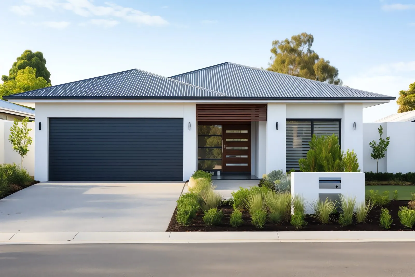 Render of a north-facing single-storey rural residential home with deep eaves and a detached shed